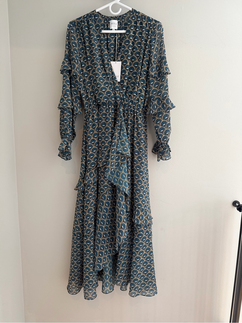 Misa Los Angeles Teal and Cream Patterned Long Sleeve Maxi Dress